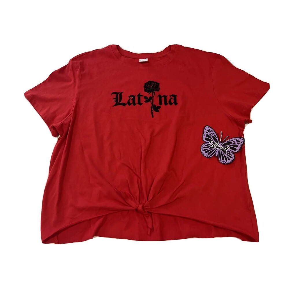 Vibe N’ Latina Short Sleeve Tee Unhem Tie Front Red Size XL